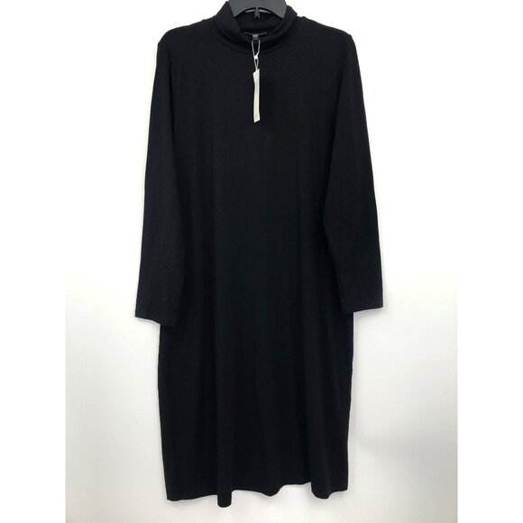 Eileen Fisher Stretch Jersey Knit Scrunch Neck Knee Dress Black Large NEW - Picture 3 of 9